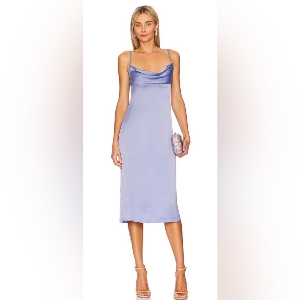 0306 - WEWOREWHAT Cowl Midi Satin Charmeuse Slate Blue size 4